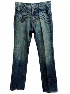 🩵✨KIPPYS SWAROVSKI CRYSTALS ROSE EMBELLISHED WIDE LEG BOOT CUT WOMEN'S JEANS✨